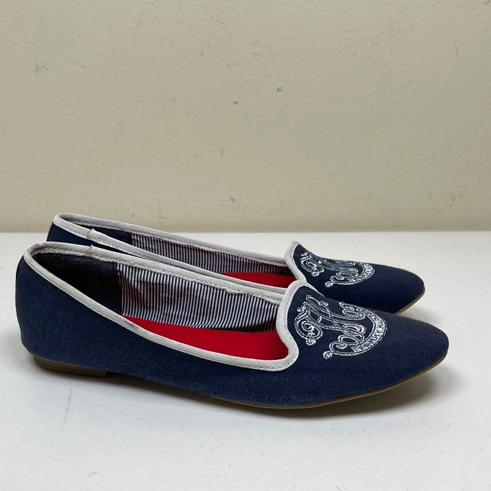 Tommy Hilfiger Crest Canvas Flats Women 9.5 Navy Blue Embroidered Loafers Preppy